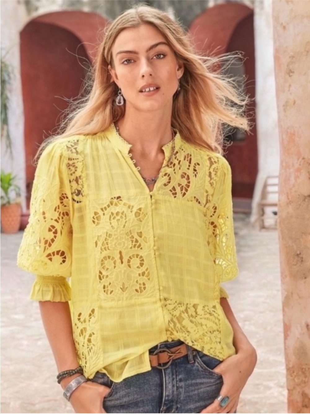NWT Sundance Garbo Lemon Yellow Lace Button Front Blouse Top And Cami Set